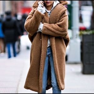 Gap Sherpa Teddy Collared Long Taupe Brown Jacket